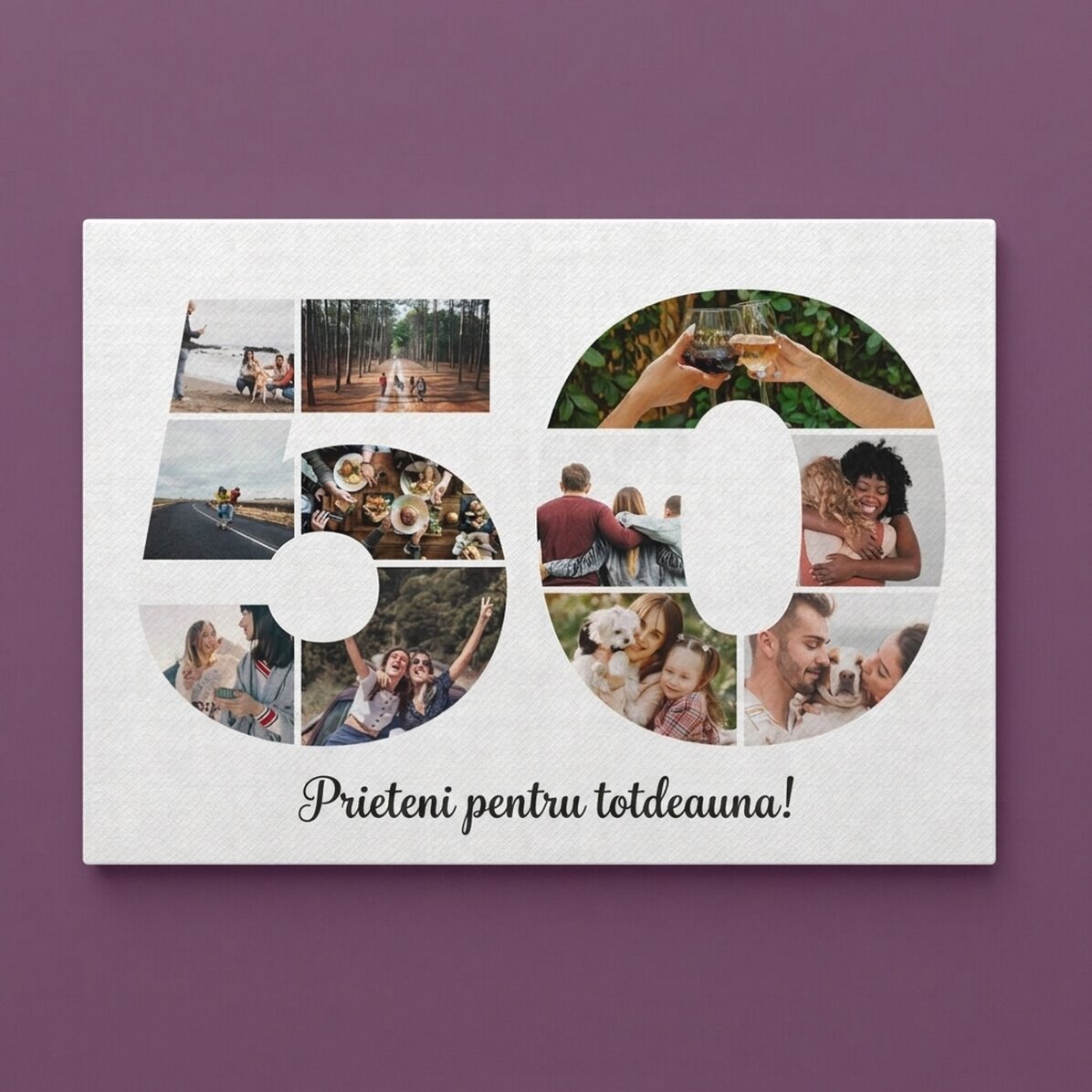 Cuadro de lienzo apaisado personalizado con 11 fotos del modelo n.º 50 y un mensaje de texto