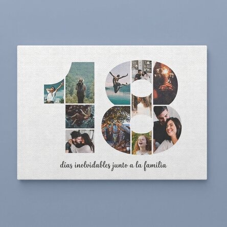 Cuadro de lienzo apaisado personalizado con 11 fotos del modelo n.º 18 y un mensaje de texto
