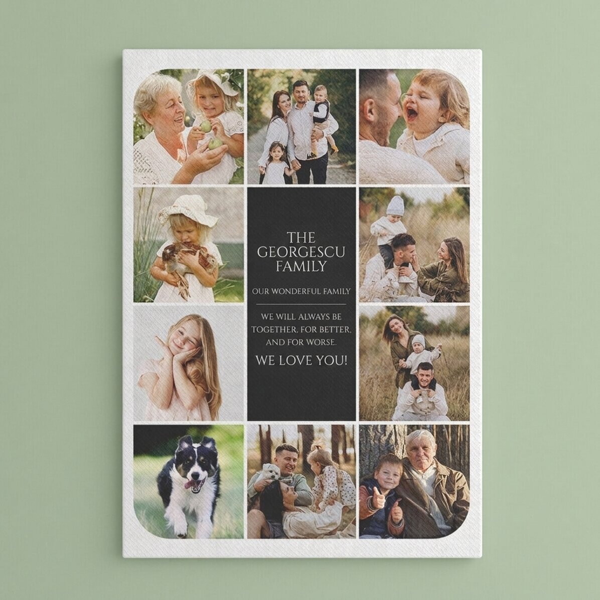 Lienzo personalizado con texto y 10 fotos: «Nuestra familia»
