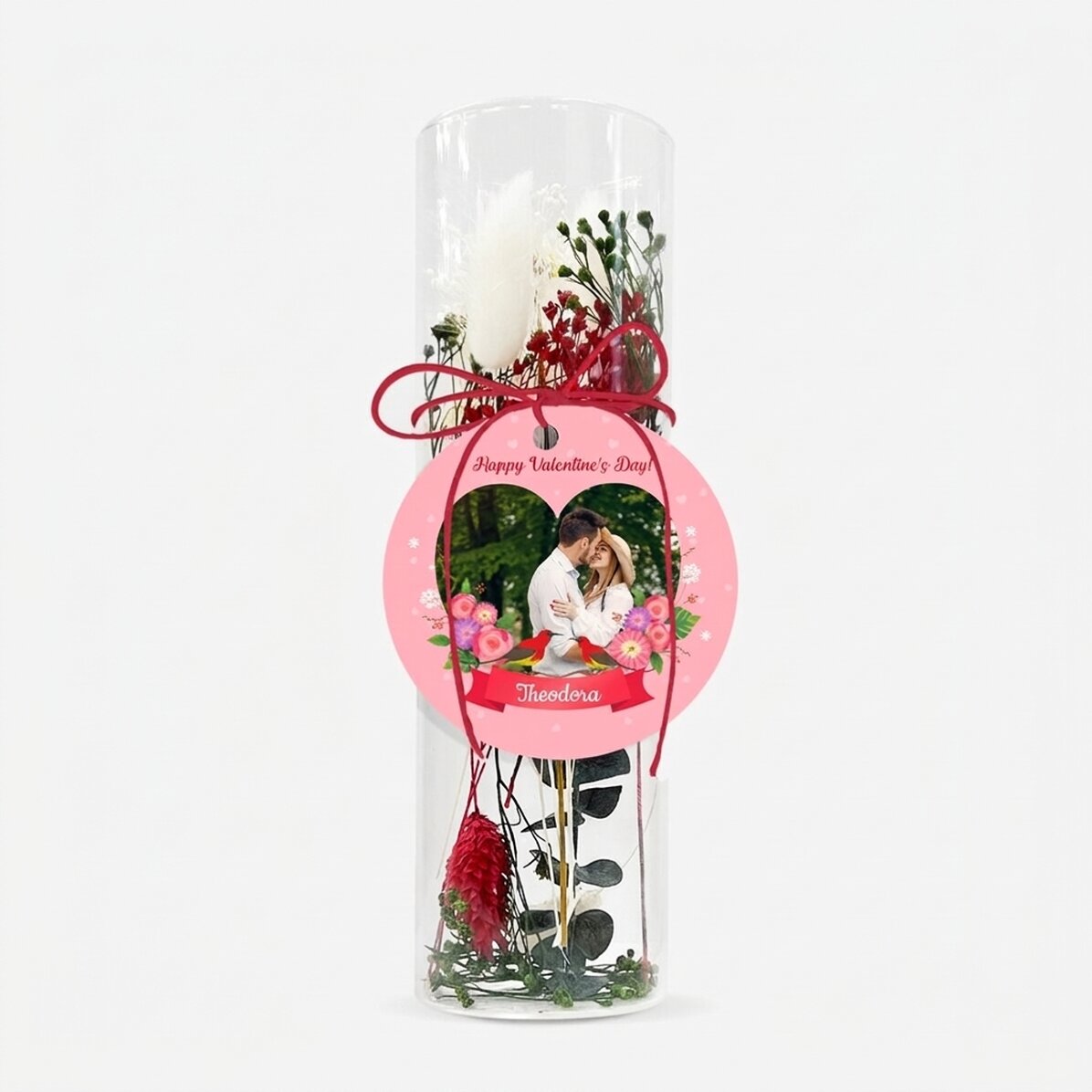 Adorno de cristal con flores preservadas, personalizado con texto y foto - Love