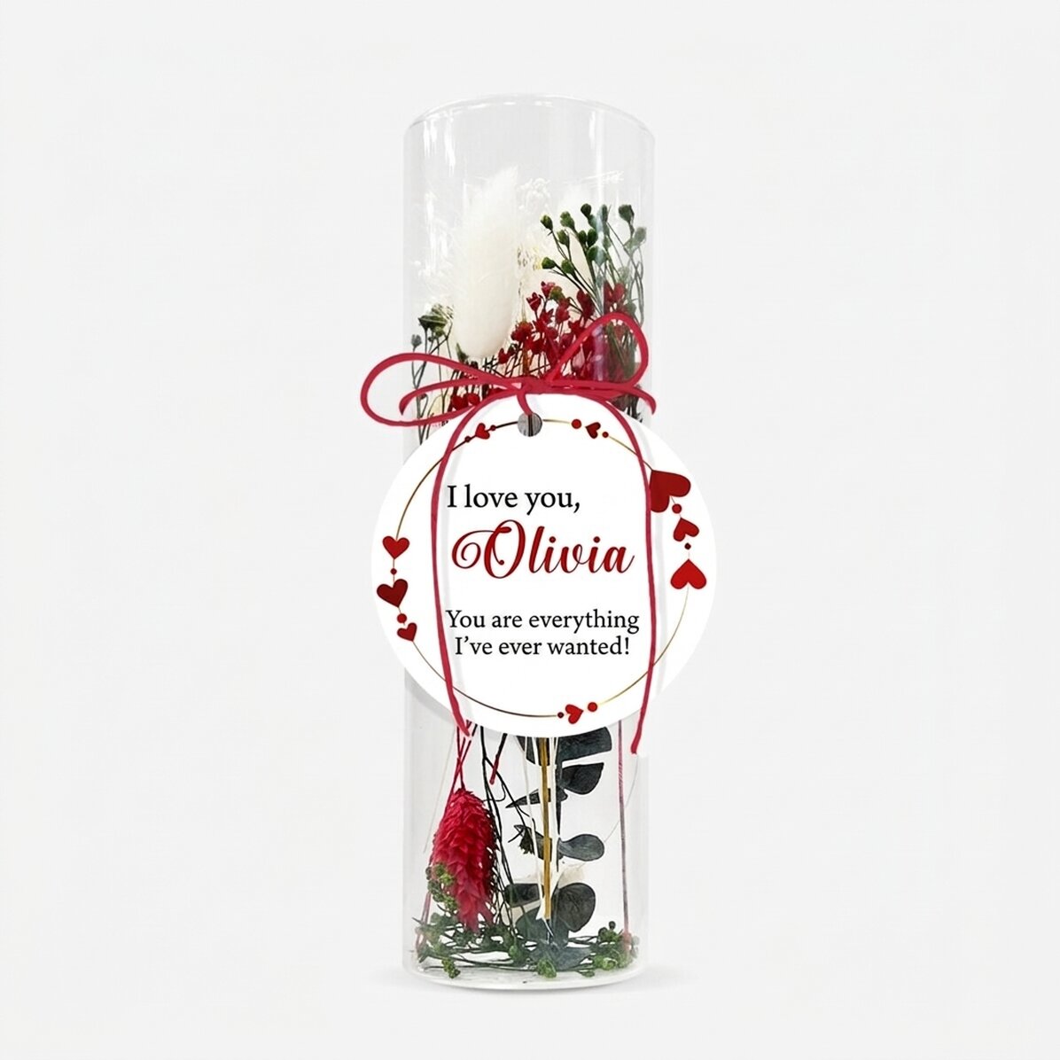 Adorno de cristal con flores preservadas personalizado con el texto «Te quiero»