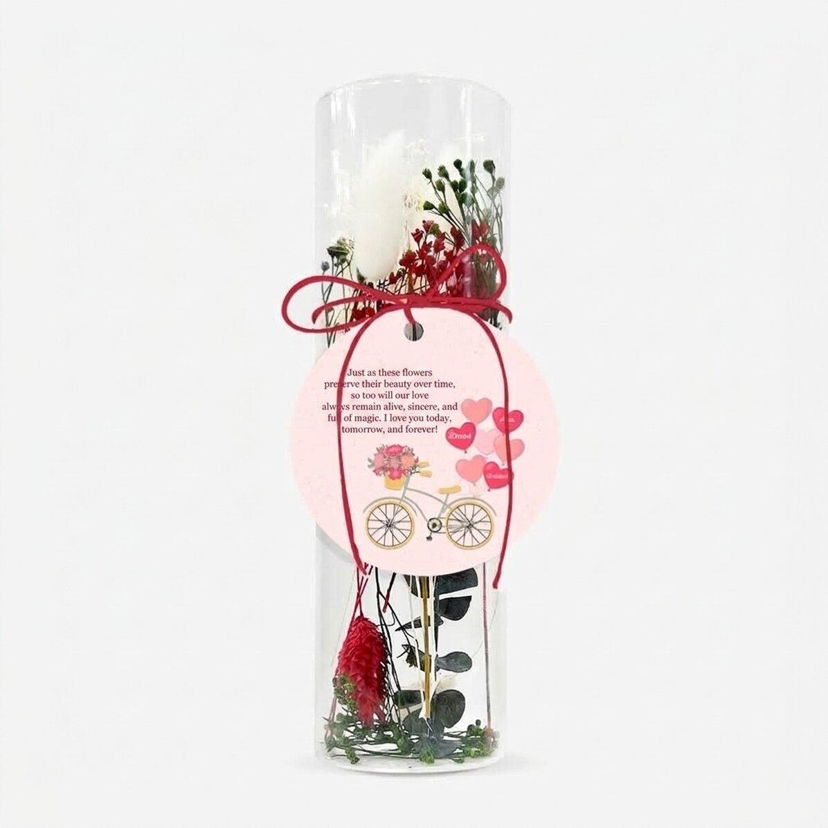 Adorno de cristal con flores preservadas, personalizado con el texto «Amor»