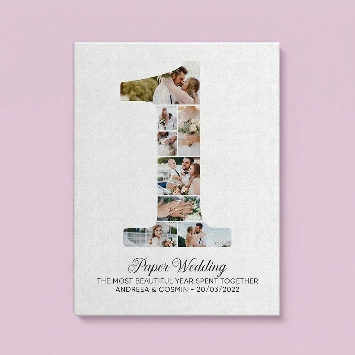 Cuadro de lienzo personalizado con el número 1, fotos y un mensaje - Aniversario de pareja