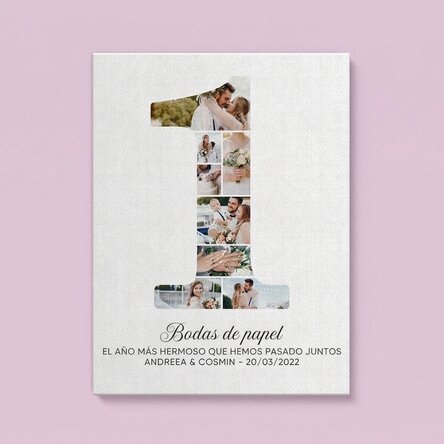 Cuadro de lienzo personalizado con el número 1, fotos y un mensaje - Aniversario de pareja