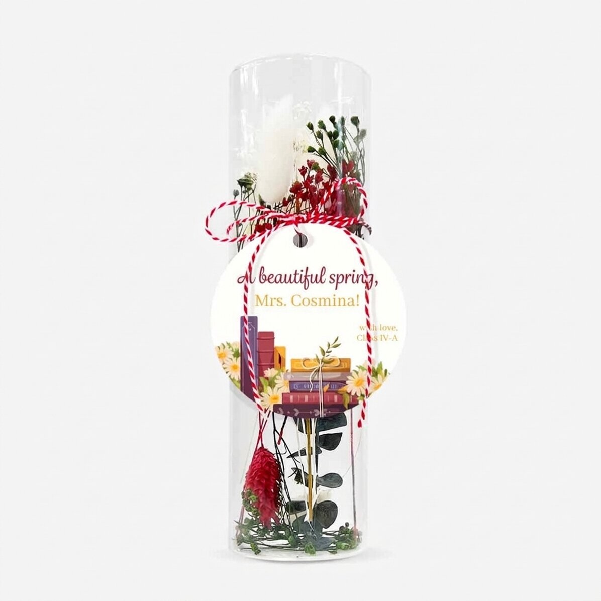 Adorno de martisor de cristal con flores preservadas, personalizado con un mensaje para la profesora