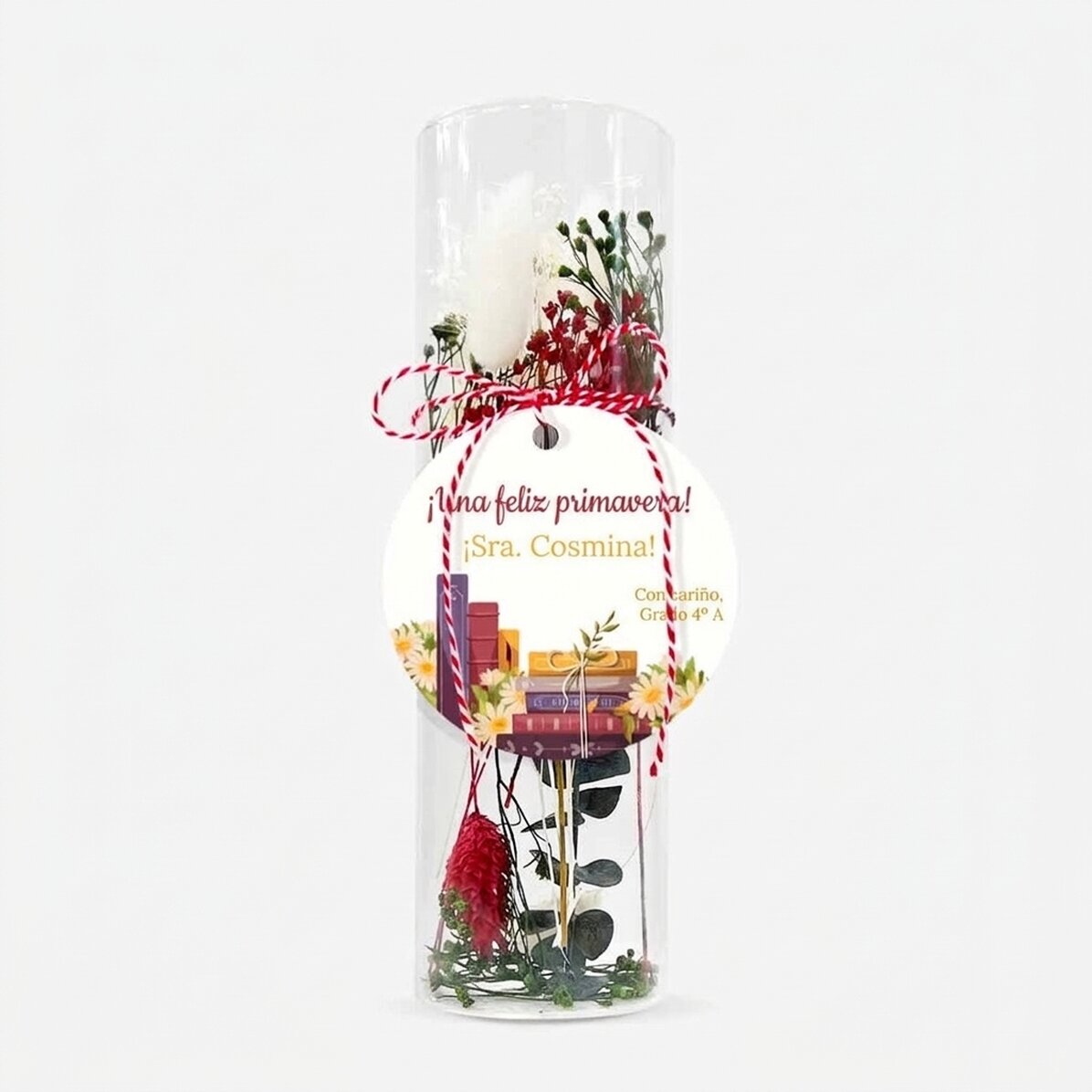 Adorno de martisor de cristal con flores preservadas, personalizado con un mensaje para la profesora