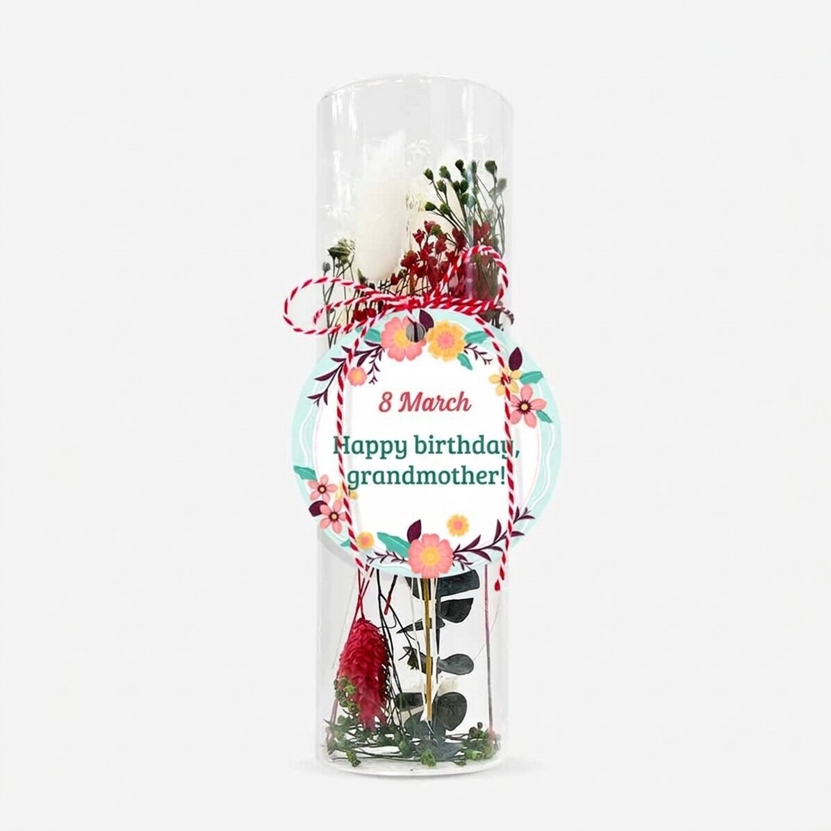 Adorno de martisor de cristal con flores preservadas, personalizado con un mensaje