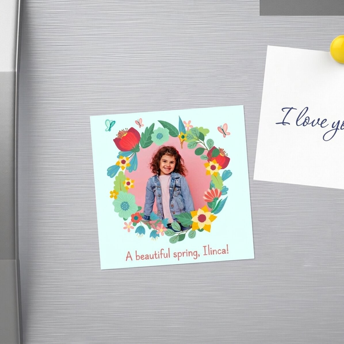 Imán de 10x10 personalizado con una foto y un texto - Flores
