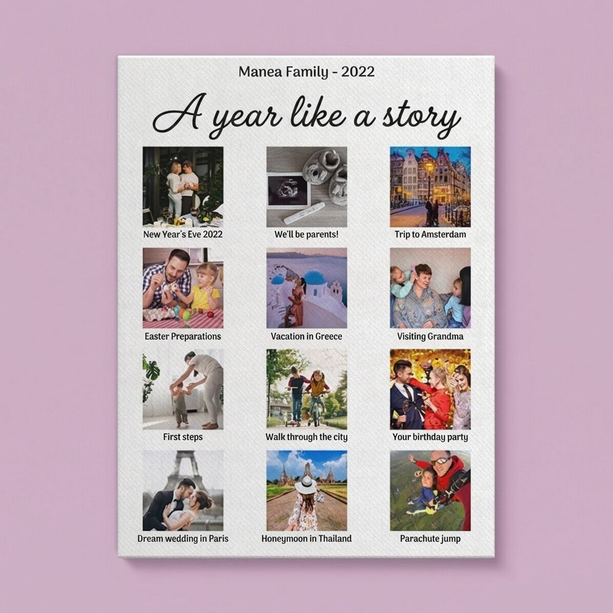 Cuadro de lienzo personalizado con 12 fotos y texto: «Un año como un cuento»