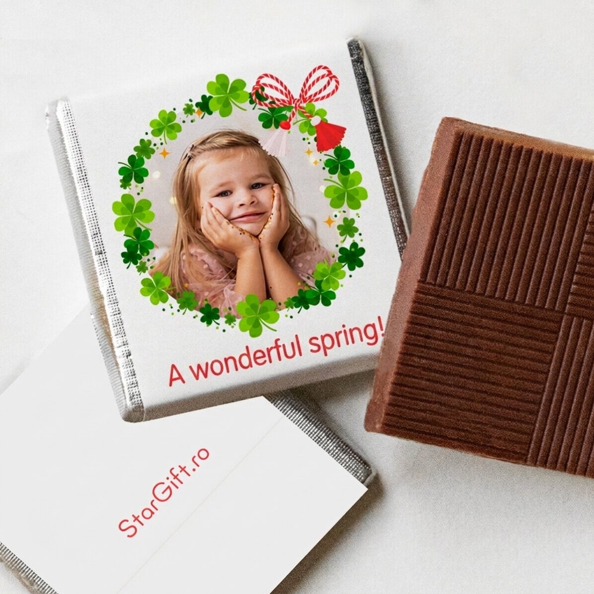 Mini tableta de chocolate personalizada con foto y mensaje «trébol»