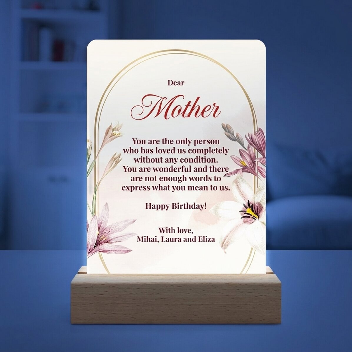 Lámpara LED de noche personalizada con un mensaje para mamá
