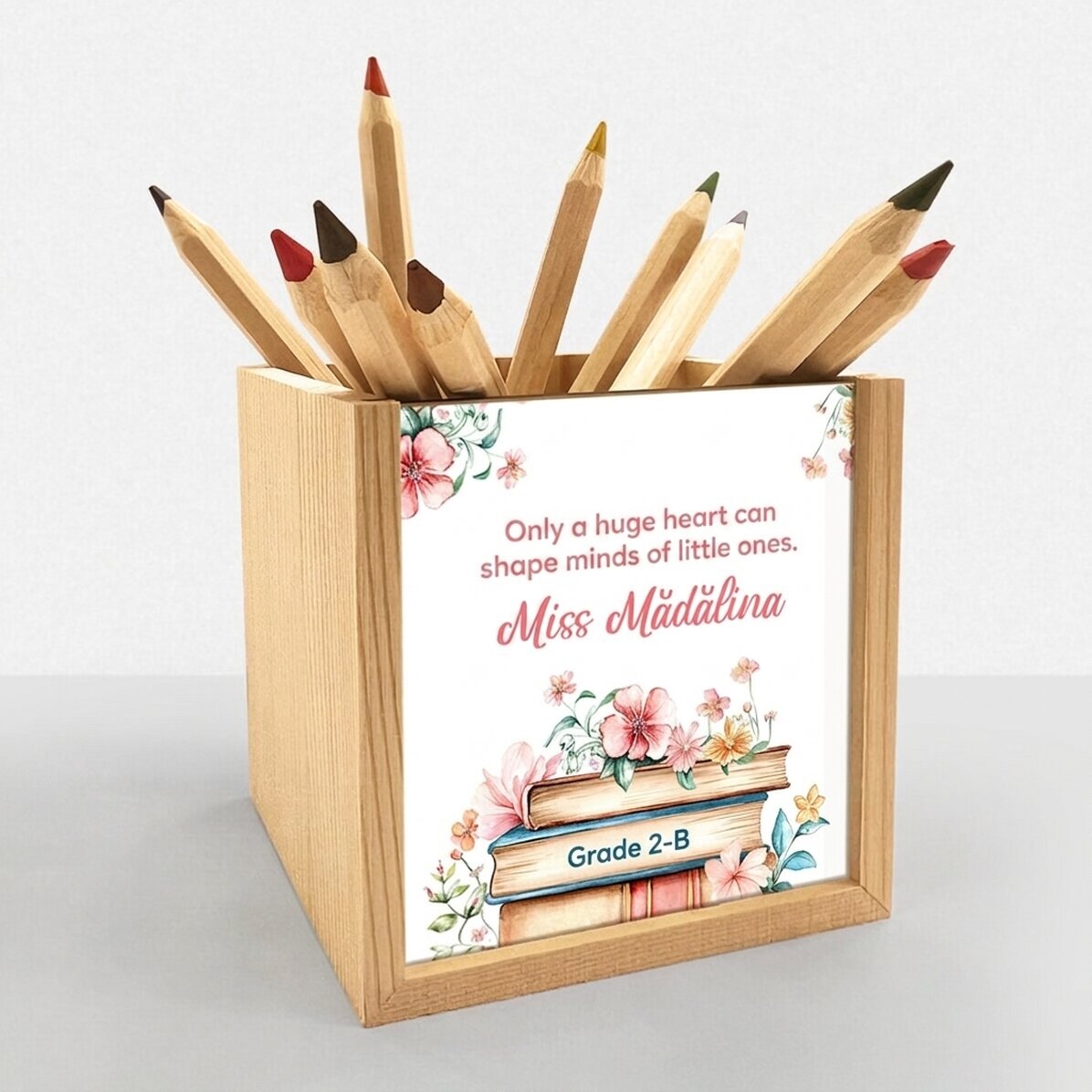 Portalápices personalizado con un mensaje para las profesoras