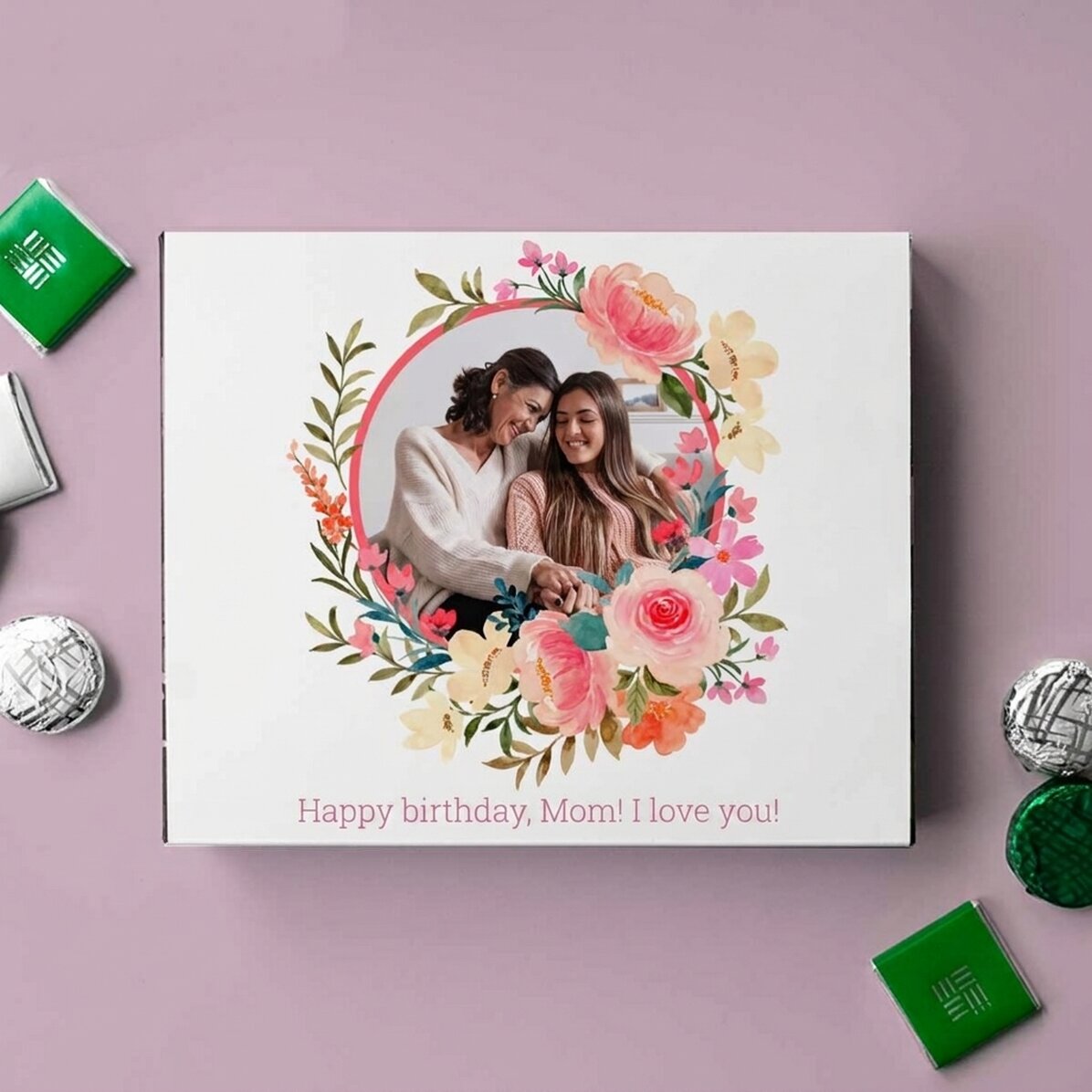 Caja de bombones personalizada con texto y foto - Flores