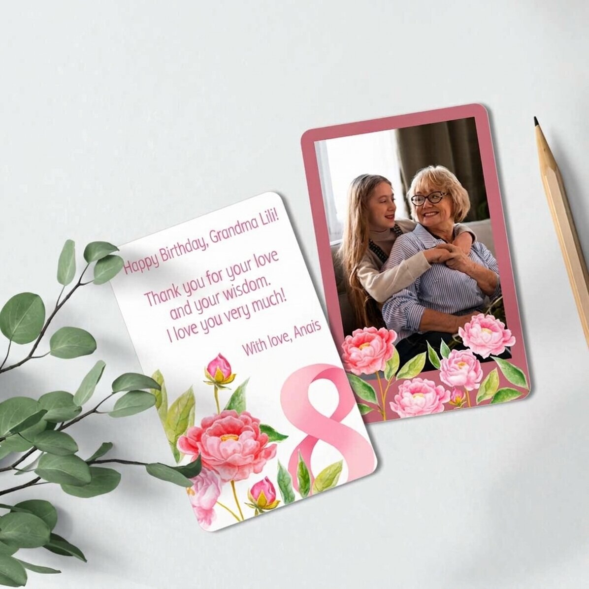 Tarjeta de aluminio personalizada por ambas caras con un mensaje y una foto - Flores