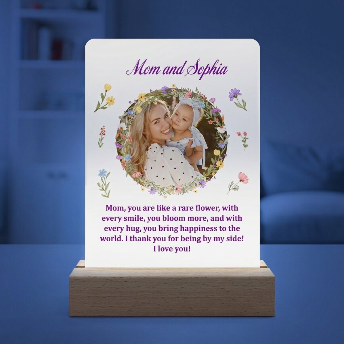 Lámpara LED de noche personalizada con una foto y un texto - Primavera