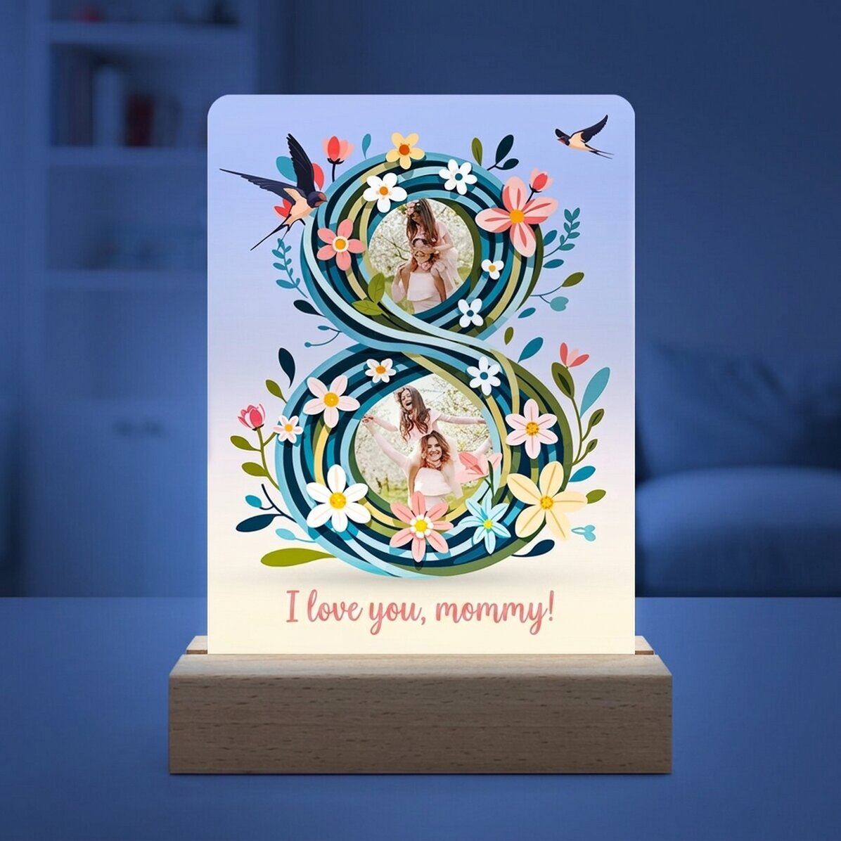 Lámpara de noche LED personalizada con 2 fotos y texto - 8 floral