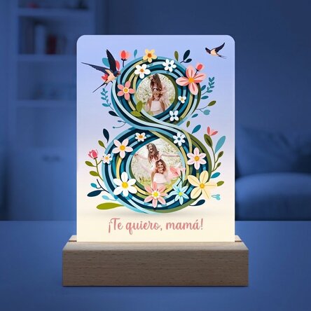 Lámpara de noche LED personalizada con 2 fotos y texto - 8 floral