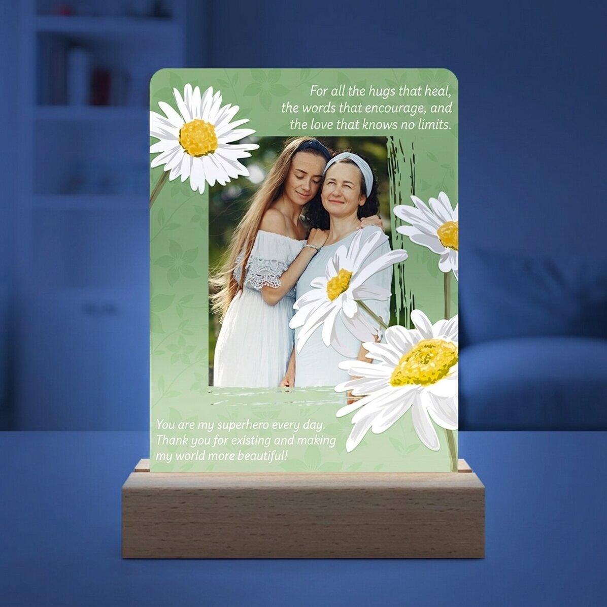 Lámpara LED de noche personalizada con una foto y un texto - Daisies