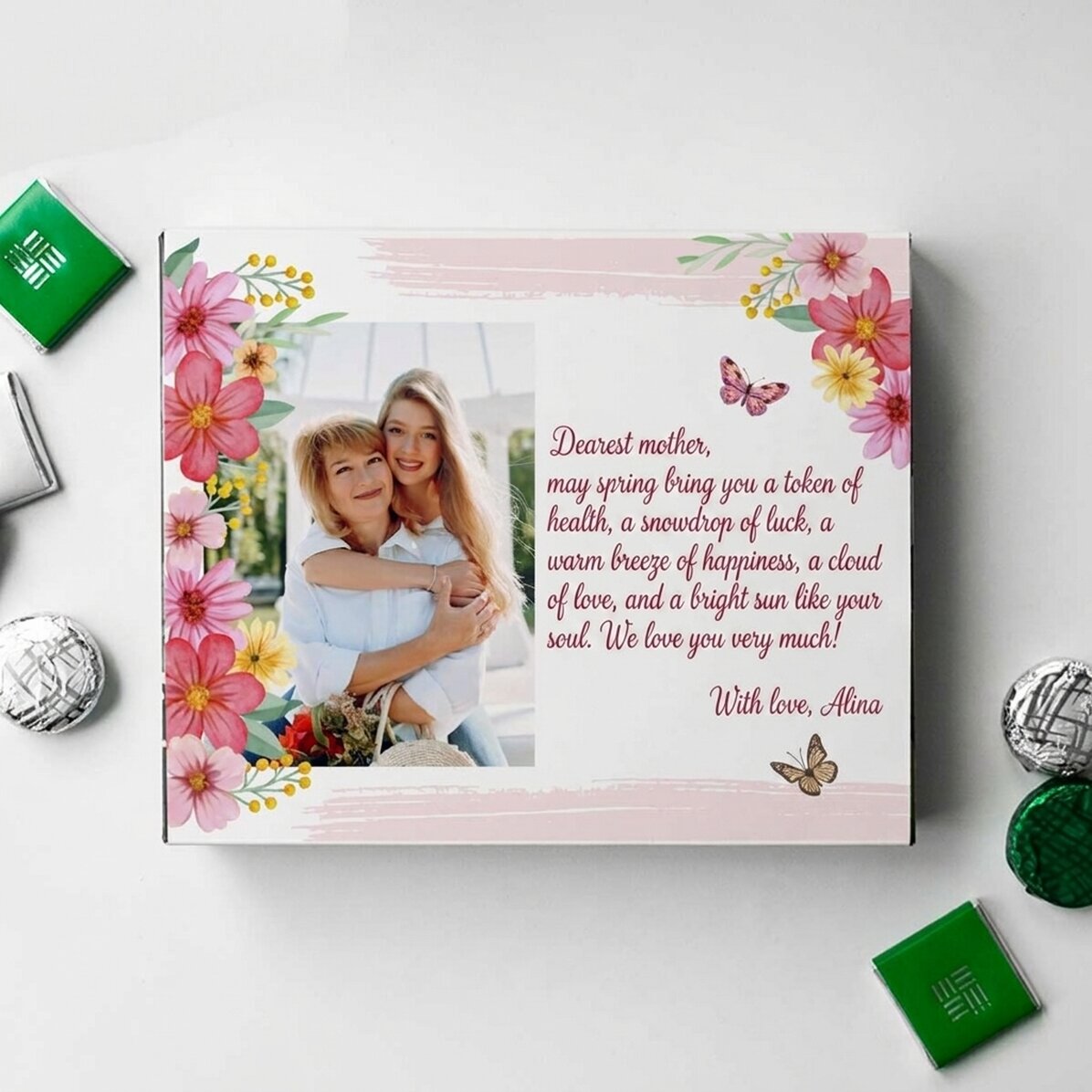 Caja de bombones personalizada con una foto y un mensaje - Primavera