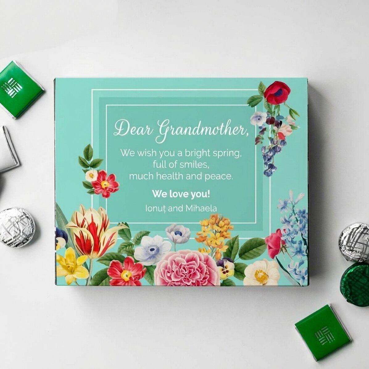 Caja de bombones personalizada con mensaje - Primavera serena