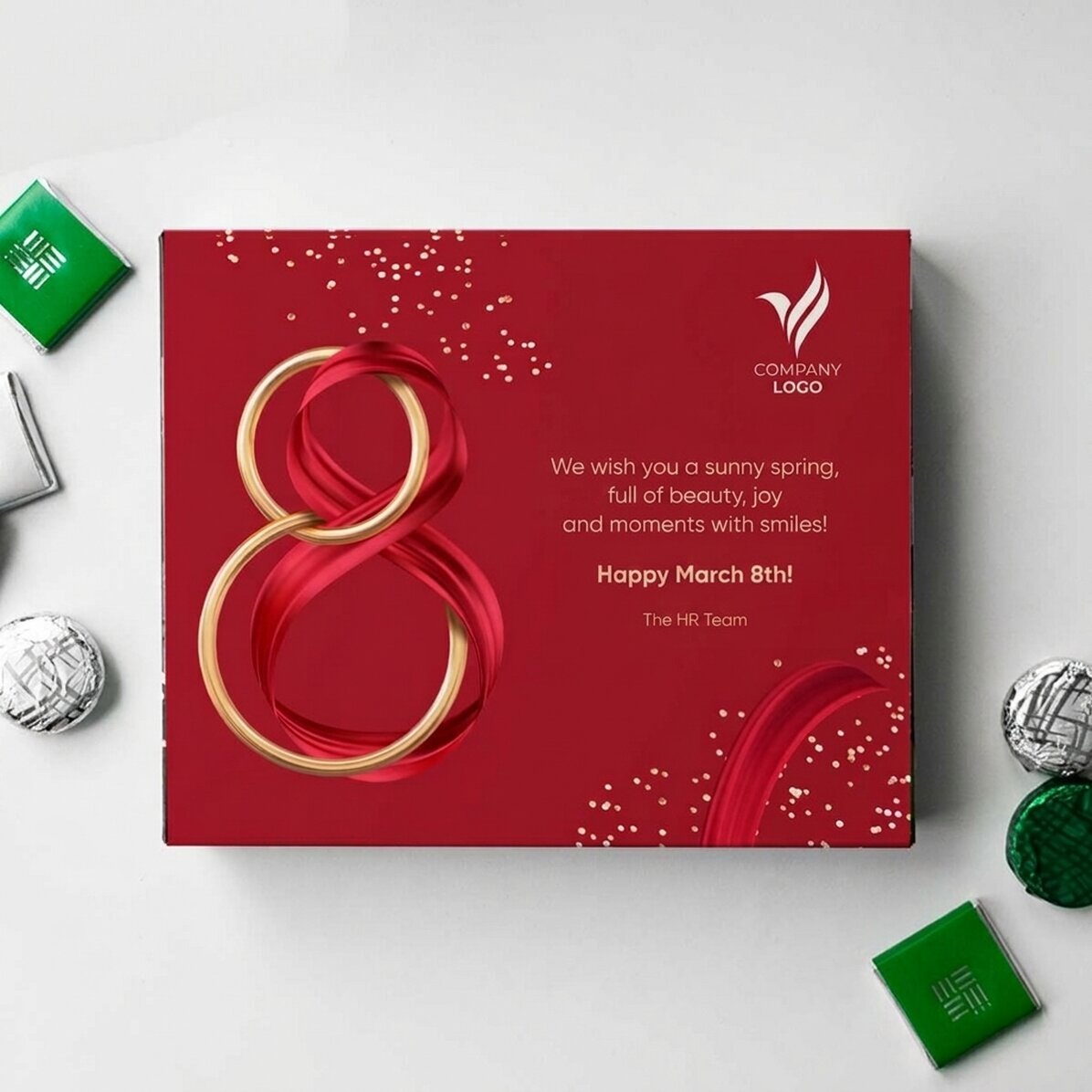 Caja de bombones personalizada con logotipo y texto - 8 de marzo