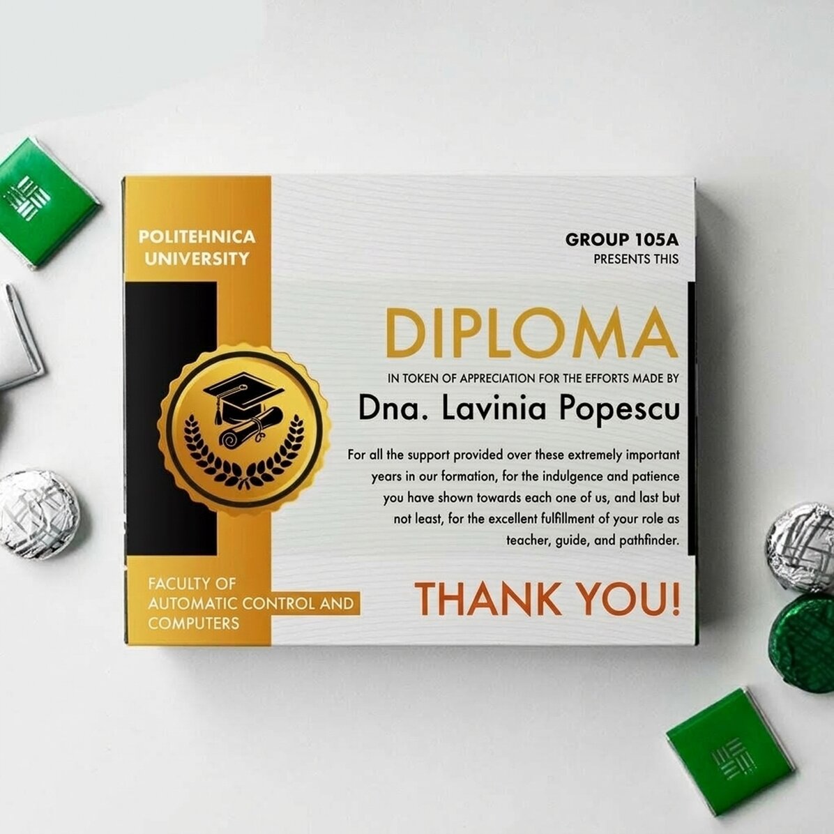 Caja de bombones personalizada con mensaje - Certificado para el profesor