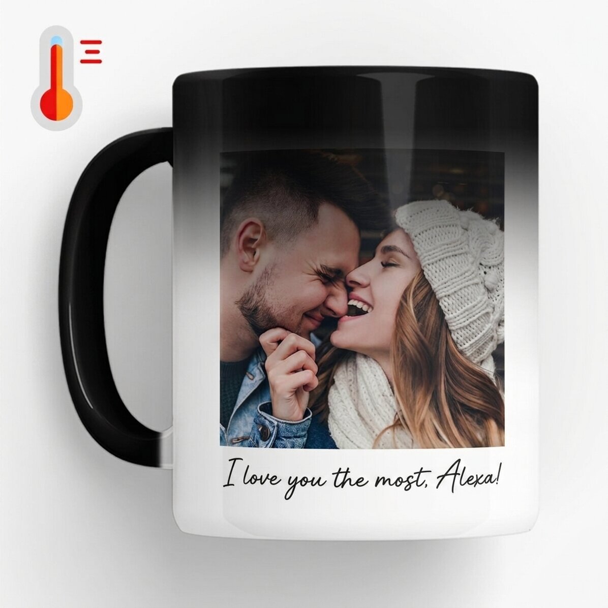 Taza termosensible personalizada con una foto, un mensaje y un código QR