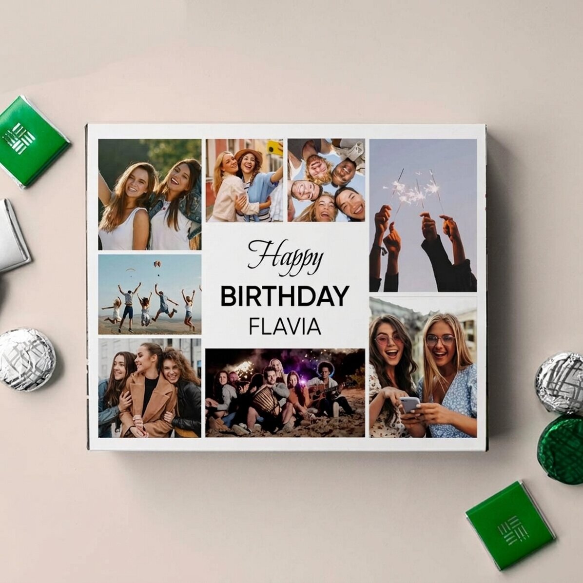Caja de bombones personalizada con 8 fotos y un mensaje: ¡Feliz cumpleaños!