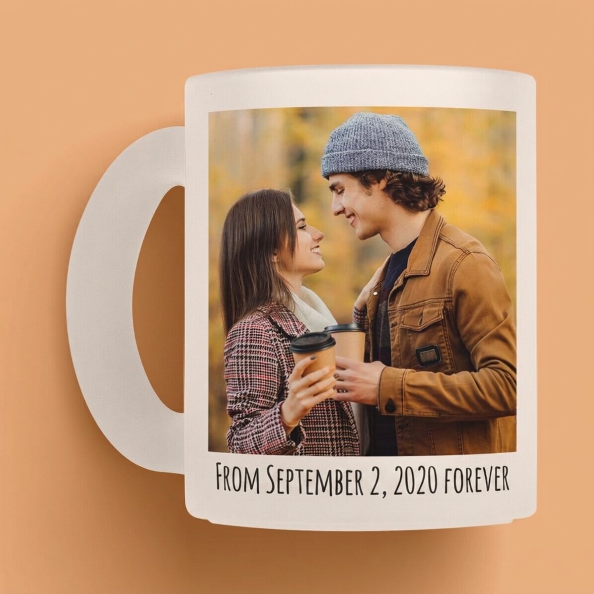 Taza de vidrio mate personalizada con 2 fotos y texto