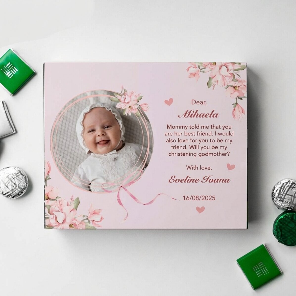 Caja de bombones personalizada con una foto y un mensaje para el bautizo - Solicitud de padrinos