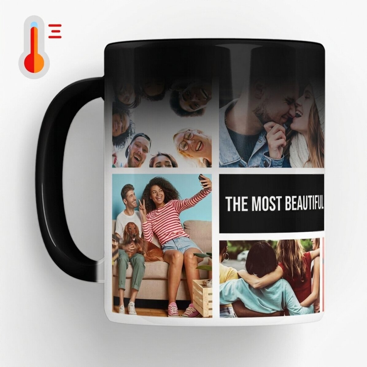 Taza termosensible personalizada con 8 fotos y texto: los recuerdos más bonitos