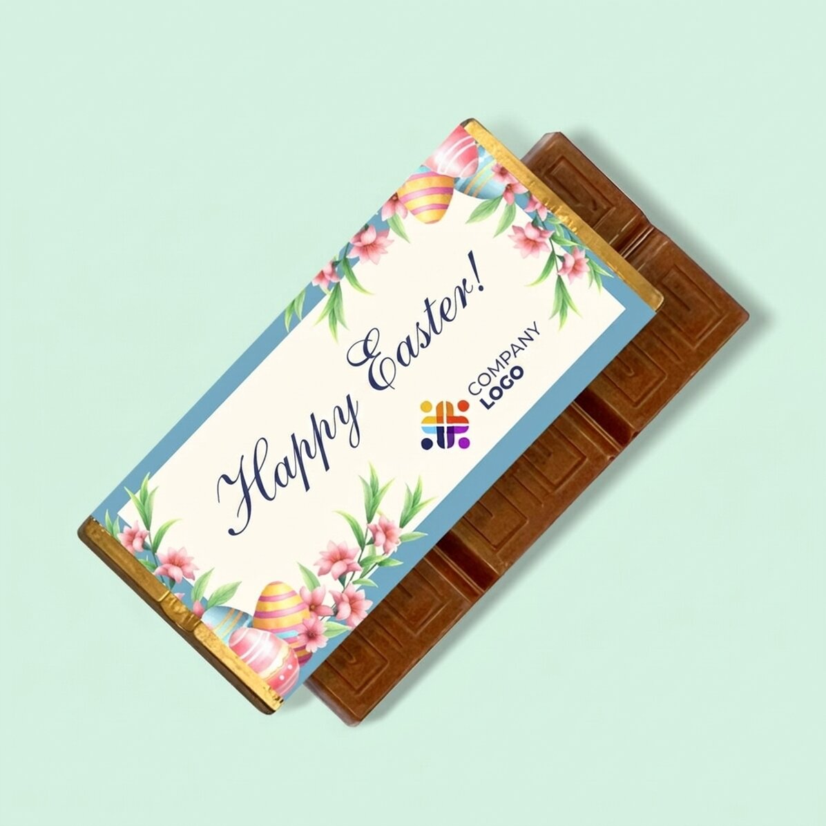 Mini tableta de chocolate personalizada con logotipo y mensaje - ¡Feliz Pascua!