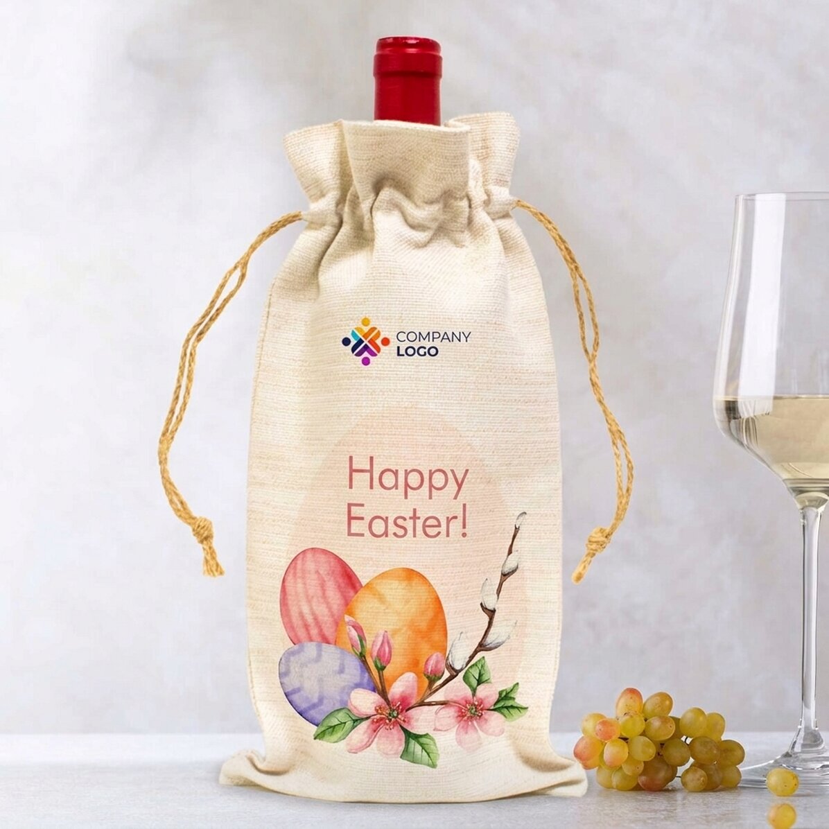 Bolsa personalizada para botella de vino con logotipo y texto: «¡Feliz Pascua!»