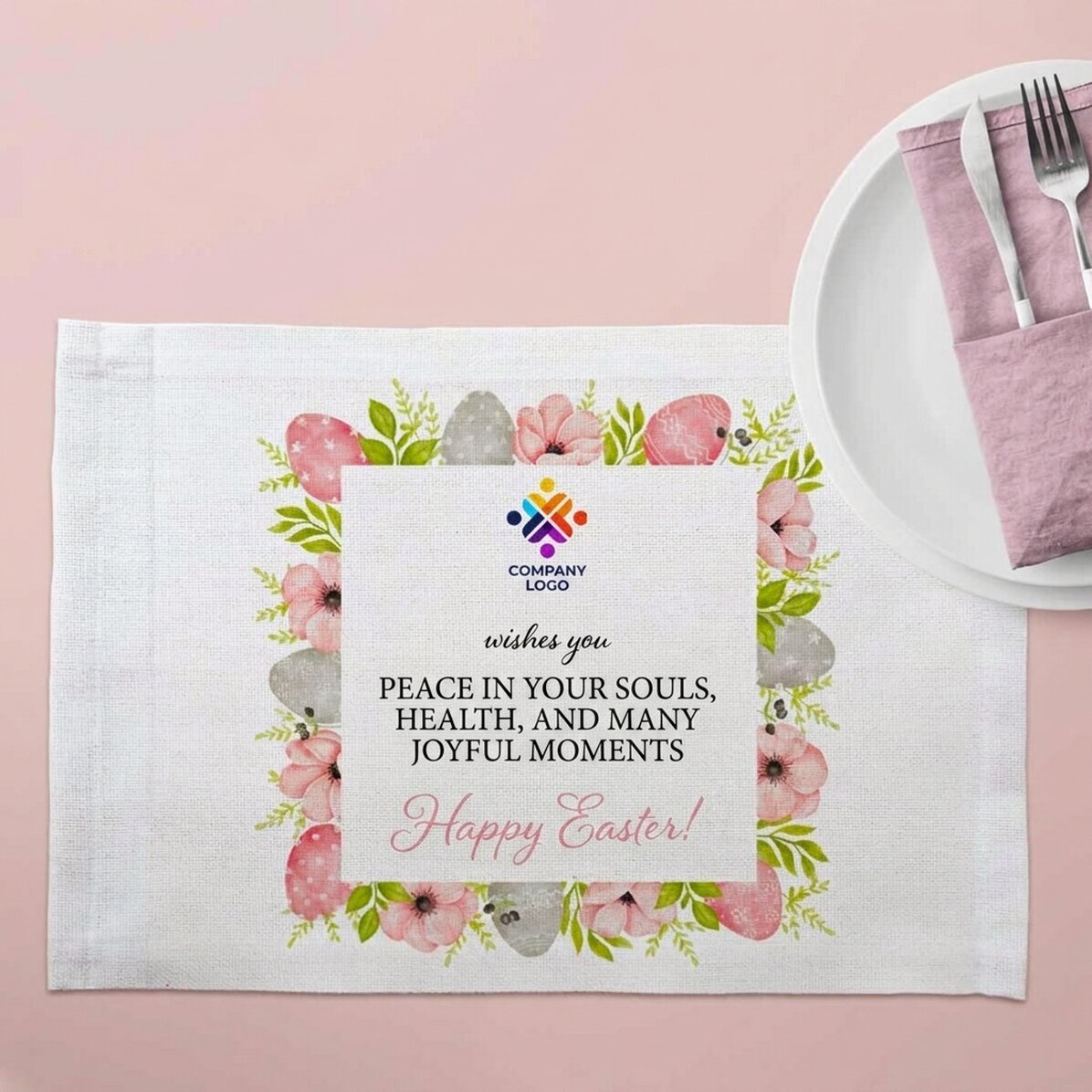 Portaplatos personalizado con logotipo y texto: «¡Feliz Pascua!»
