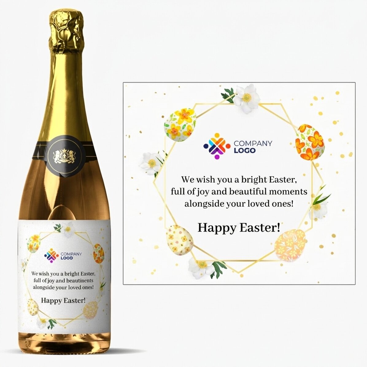 Vino espumoso personalizado con logotipo y texto - Felicitación de Pascua