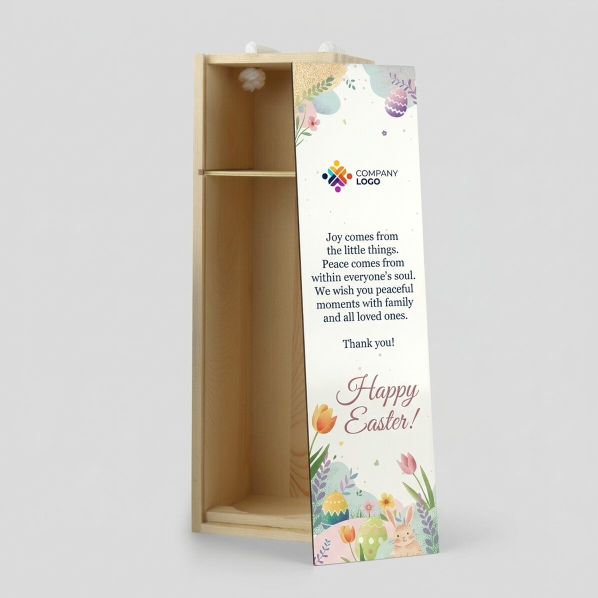 Caja de vino personalizada con logotipo y mensaje de Pascua