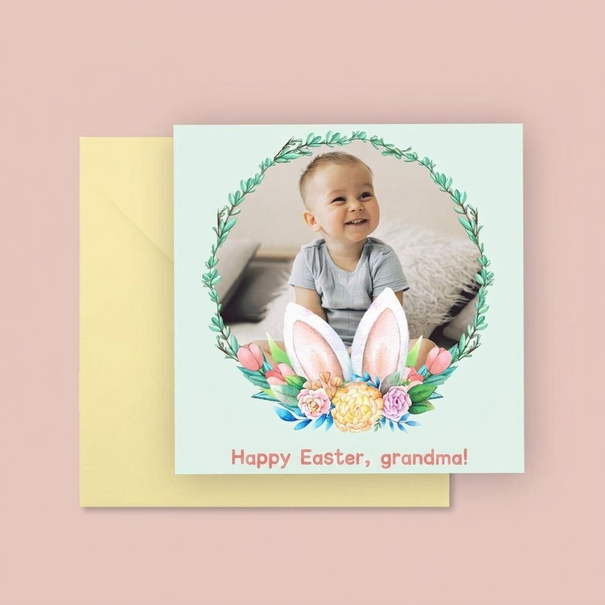 Tarjeta cuadrada personalizada con texto y una foto: ¡Feliz Pascua!