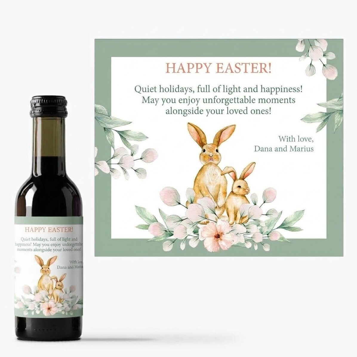 Mini botella de vino personalizada con mensaje: ¡Felices Pascuas!