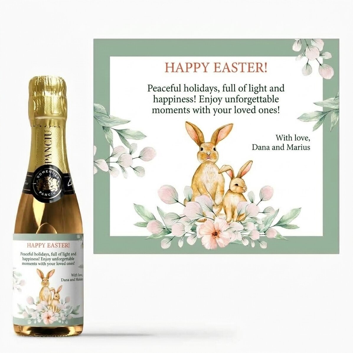 Mini botella de vino espumoso personalizada con un mensaje: ¡Feliz Pascua!