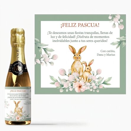 Mini botella de vino espumoso personalizada con un mensaje: ¡Feliz Pascua!