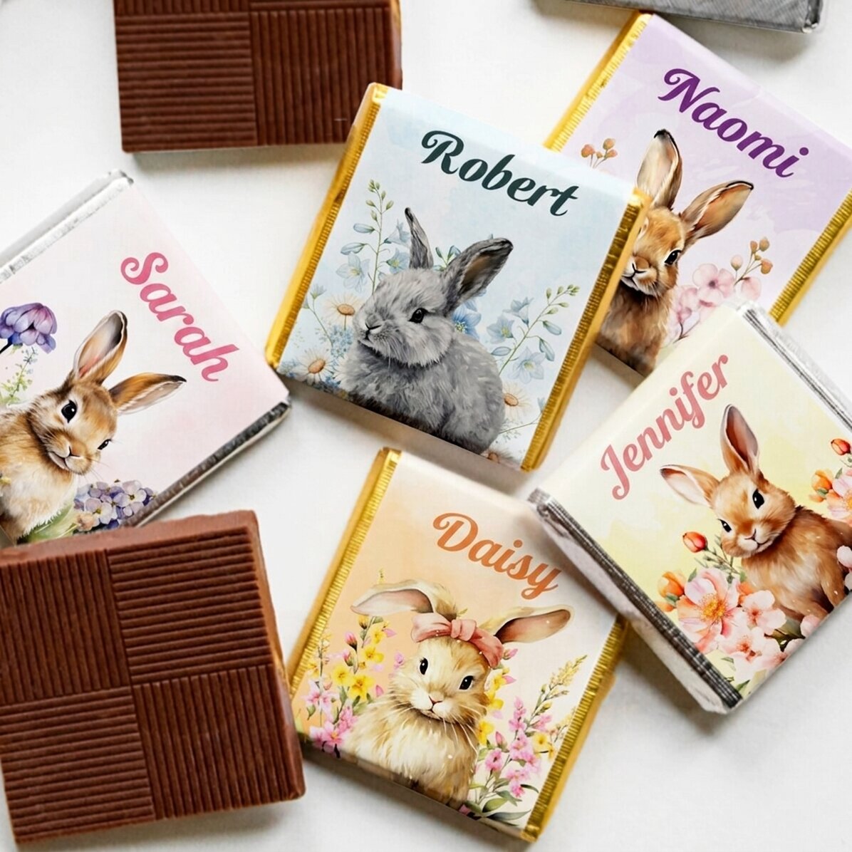 Lote de 5 minichocolates personalizados con texto: conejitos de Pascua