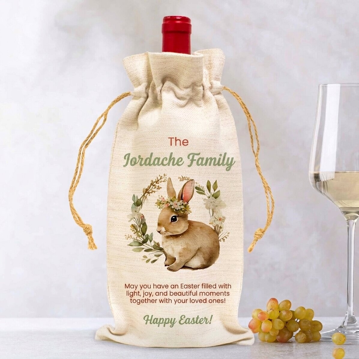 Bolsa personalizada para botella de vino con el texto «¡Feliz Pascua!»