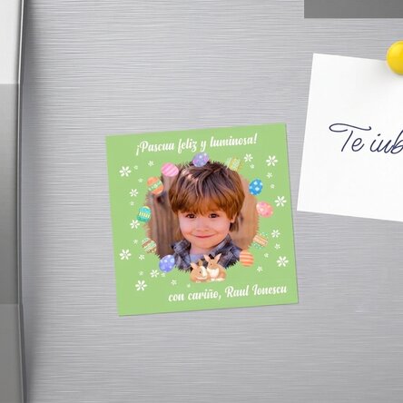 Imán de 10x10 personalizado con una foto y un texto - Pascua