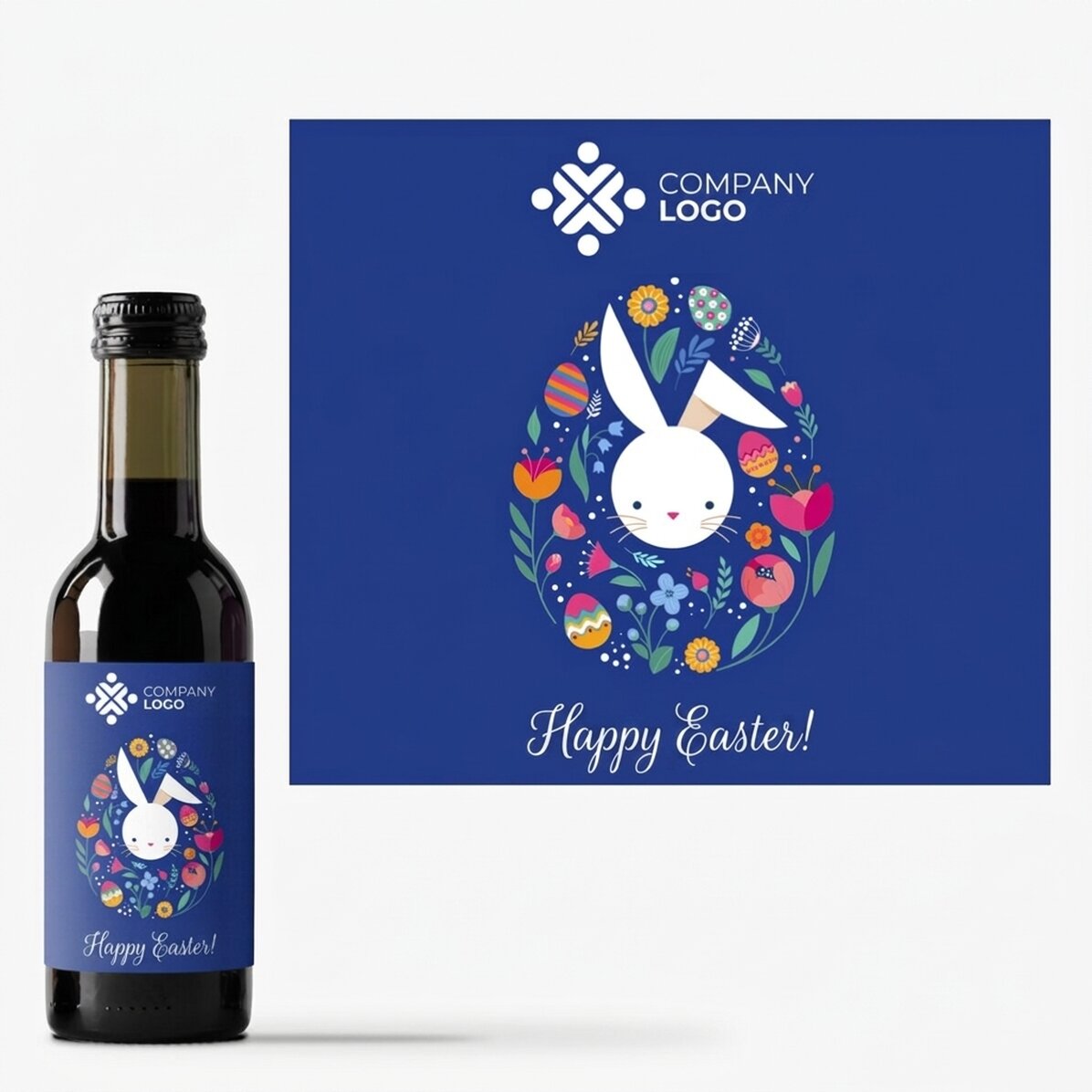 Mini botella de vino personalizada con logotipo y felicitación de Pascua