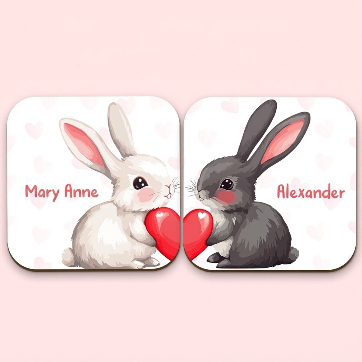 Lote de 2 posavasos personalizados con texto: «Conejitos»