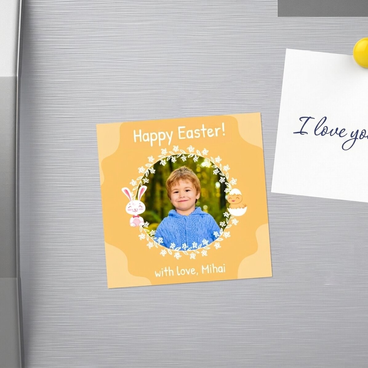 Imán de 10x10 personalizado con una foto y un mensaje de Pascua