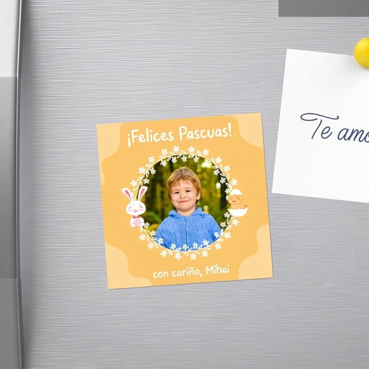 Imán de 10x10 personalizado con una foto y un mensaje de Pascua