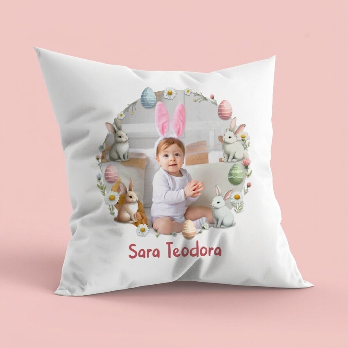 Cojín personalizado con nombre y foto - ¡Feliz Pascua!