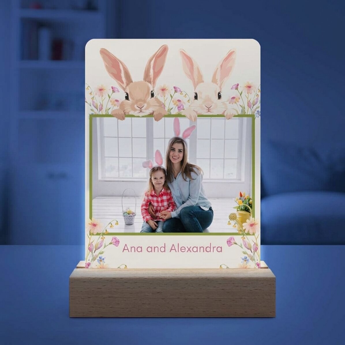 Lámpara LED de noche personalizada con una foto y un texto - Conejos