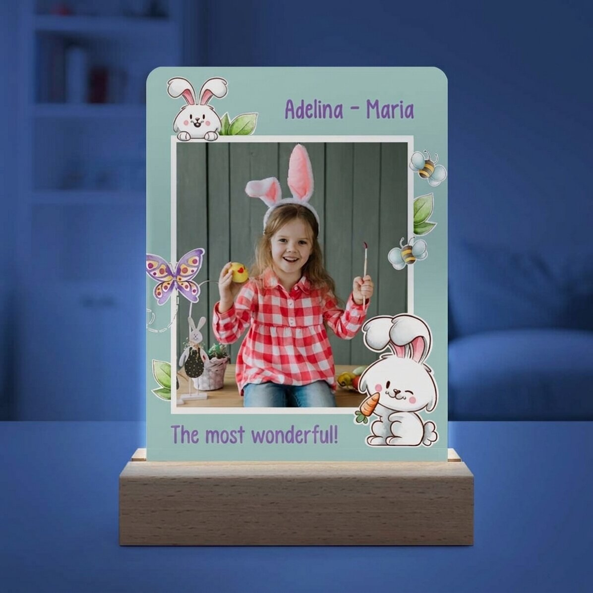 Lámpara LED de noche personalizada con una foto y un texto - Conejito